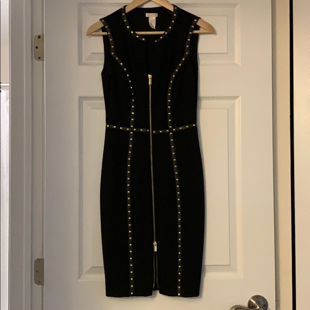 Black Gold Studded Zip Front Dress